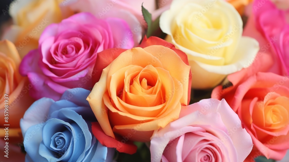 Pastel roses close-up in woven basket.
