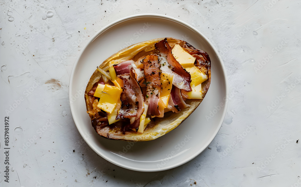 A idaho potato skin with bacon and cheese A idaho potato skin with bacon and cheese