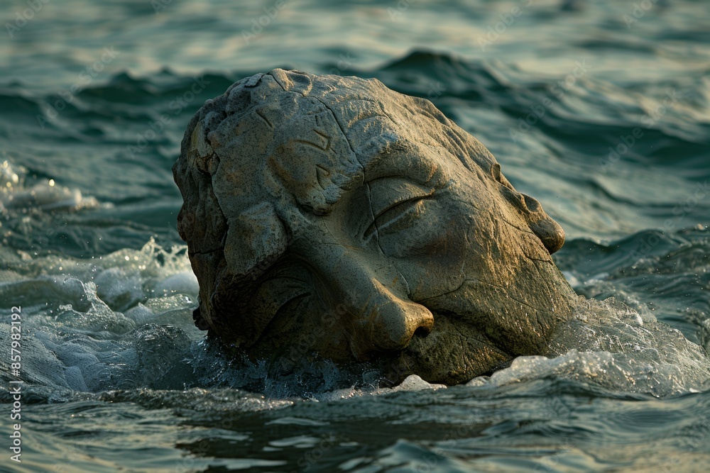 Fototapeta premium Tranquil stone face sculpture immersed in serene water