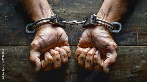 A detailed close-up image of a person's hands tightly clasped together, secured with metallic handcuffs, resting on a textured wooden surface conveying themes of confinement and restraint.