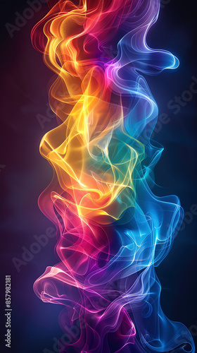 Abstract smoke art with vibrant rainbow colors swirling against a dark background, creating a dynamic and mysterious atmosphere.