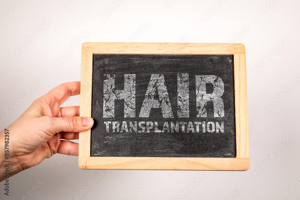 © STOATPHOTO - Hair Transplantation. Text on a miniature chalkboard background © STOATPHOTO - Hair Transplantation. Text on a miniature chalkboard background