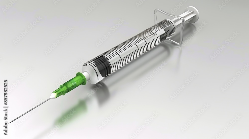 Medical syringe on reflective surface showing vaccine and healthcare concept Medical syringe on reflective surface showing vaccine and healthcare concept