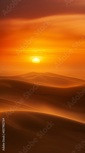 Vertical banner with a beautiful sunset over the desert dunes, rich orange color, advertising visits to popular tourist routes
