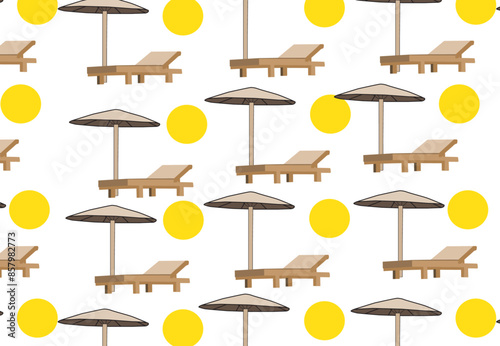 Tropical paradise sun bed with umbrella seamless pattern
