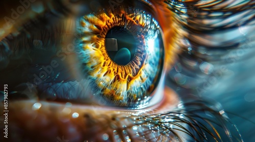 love feeling , Close-up photo of a Swiss human eye illuminated by natural light filtering through windows, ensuring a bright and clear image, capturing the intricate details and pristine clarity of