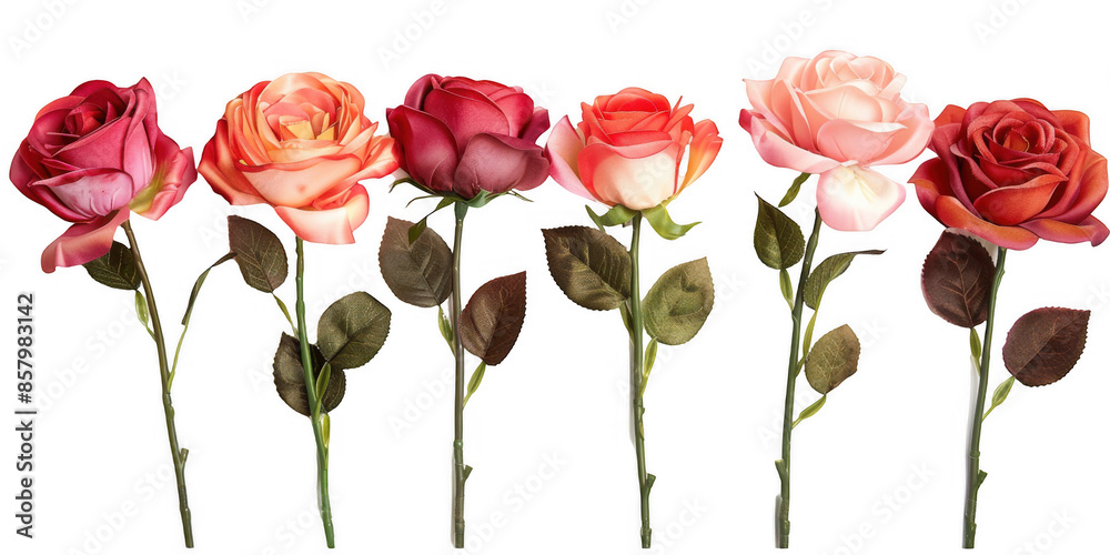 Obraz premium Row of Seven Artificial Roses in Red and Pink