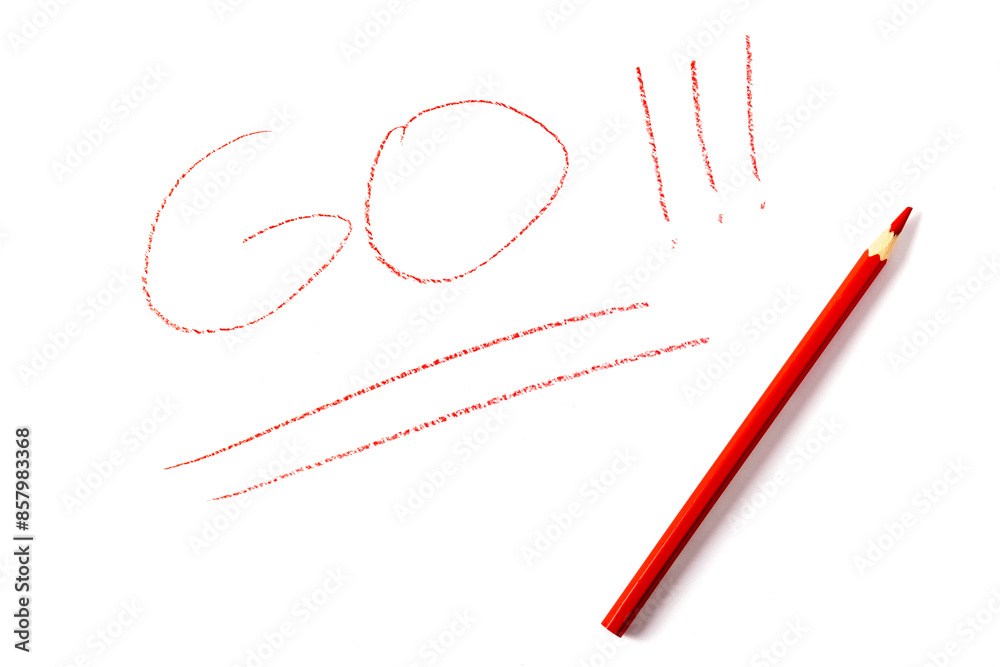 The word GO written in red pencil on a white sheet of paper The word GO written in red pencil on a white sheet of paper