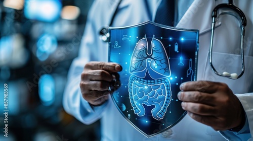 A healthcare professional in a white coat holding a protective shield graphic with an illustration of the human digestive system inside, symbolizing gastrointestinal health and protection.
 photo