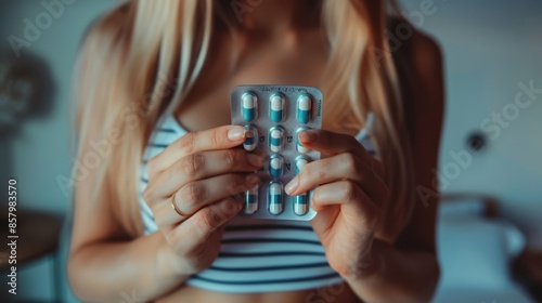 The woman's hand holding pills