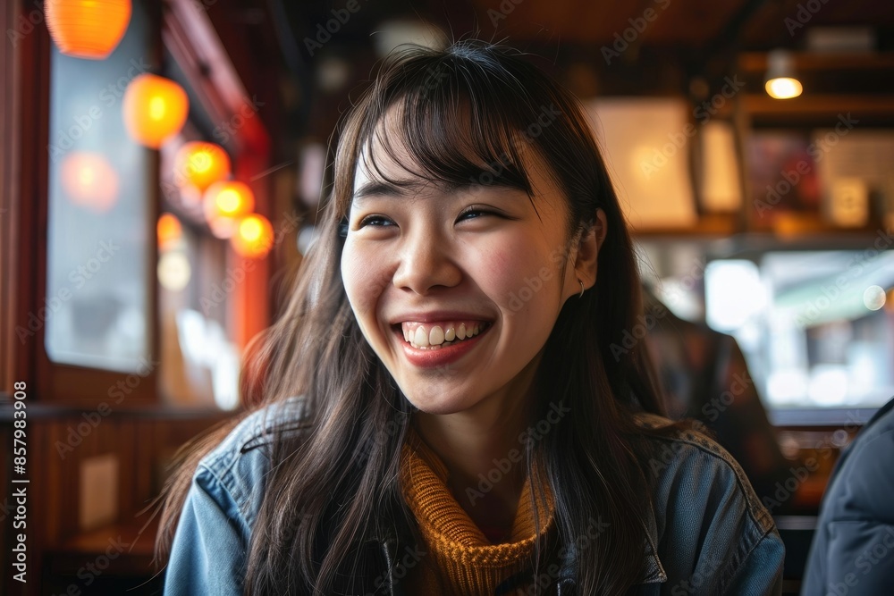 Smiling Asian Woman in Cafe, Generative AI Smiling Asian Woman in Cafe, Generative AI