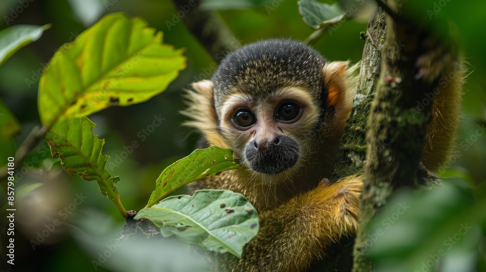 Obraz premium Squirrel in tree in natural habitat, cute small mammal with fur and bushy tail, greenery surroundings, wildlife, nature reserve, funny animal, young couple, Capuchin monkey, tropical region, Saimiri