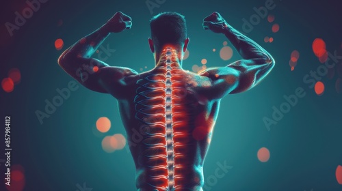 Illustration of a muscular man highlighting spine health, arms flexed against a dark gradient background. Detailed spine overlay enhances medical clarity. 