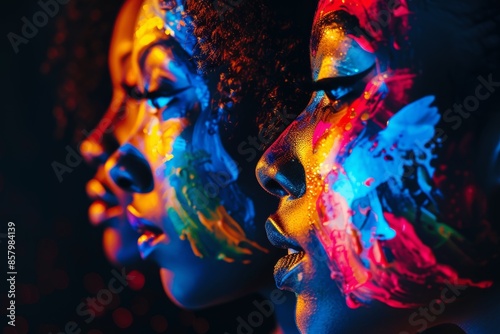 Vibrant neon face paint on duo in artistic studio portrait