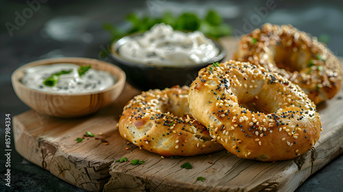 Fast food vegan bagels served with a side of vegan cream cheese, presented on a rustic wooden board