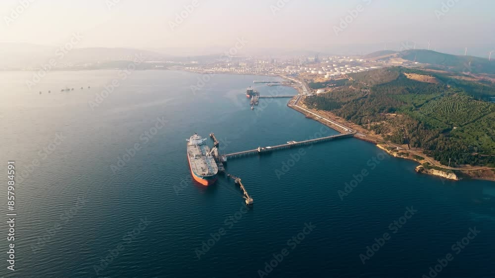 Crude oil tanker ship carrier loading in petrochemical terminal ...