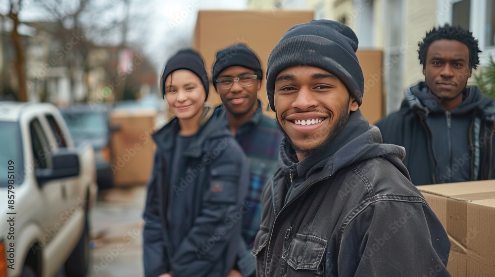 Smiling Young Man Moving with Friends Smiling Young Man Moving with Friends