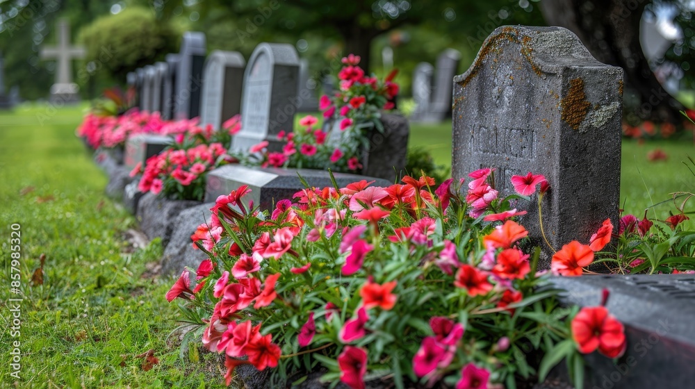 A cemetery with a row of graves and a headstone A cemetery with a row of graves and a headstone