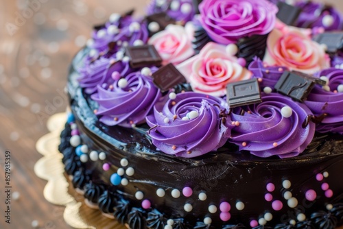 Decadent chocolate cake with purple and pink frosting © volga
