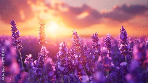 Beautiful Lavender Field at Sunset with Warm Golden Light and Purple Flowers © maniacvector