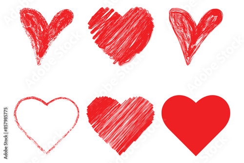 Set of hand drawn red heart vector illustration design element
