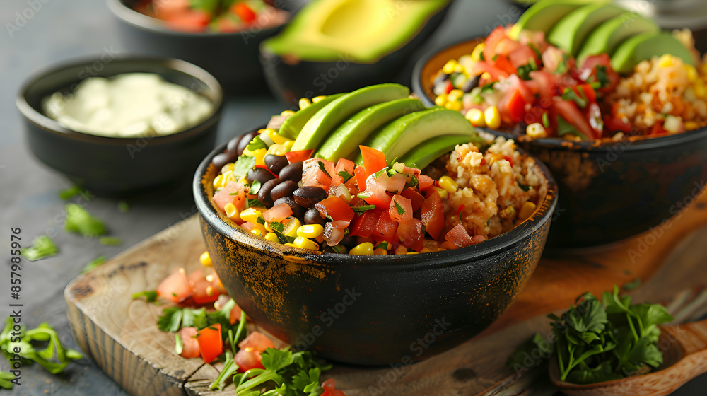 Fast food vegan breakfast burrito bowls served with a side of avocado, presented on a rustic wooden board Fast food vegan breakfast burrito bowls served with a side of avocado, presented on a rustic wooden board