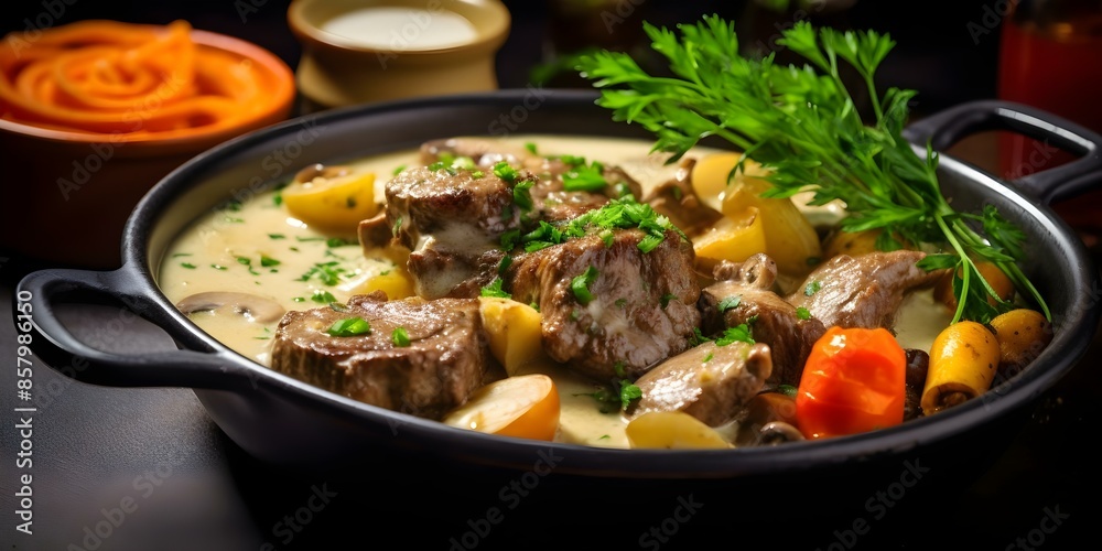 Classic French Veal Stew Blanquette de Veau with Creamy Sauce and Vegetables. Concept French cuisine, Veal stew, Creamy sauce, French recipes, Vegetables
