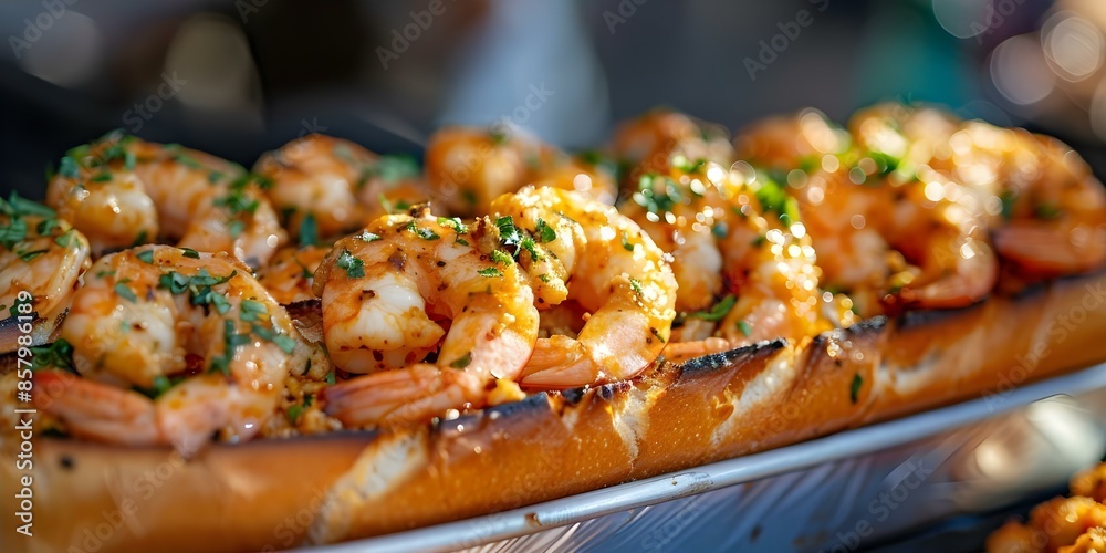 Savoring Fried Shrimp in Baguette at a Vibrant New Orleans Music Festival. Concept Food Festival, New Orleans, Shrimp Baguette, Live Music, Vibrant Atmosphere Savoring Fried Shrimp in Baguette at a Vibrant New Orleans Music Festival. Concept Food Festival, New Orleans, Shrimp Baguette, Live Music, Vibrant Atmosphere