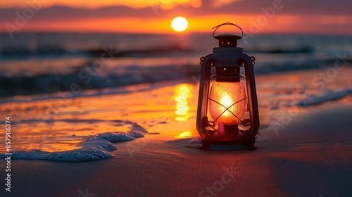 Vintage Lantern on Beach at Sunset with Reflections and Waves