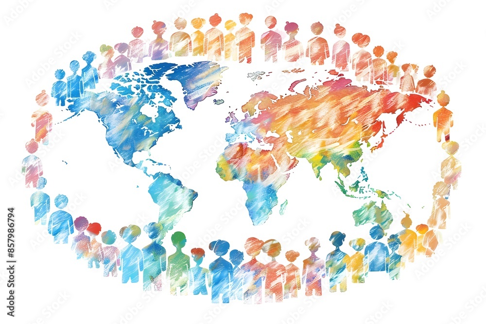 Fototapeta premium Diverse silhouettes in vibrant colors around watercolor map symbolizing global unity and diversity