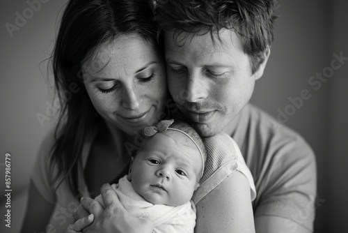 family - couple cradling their newborn baby born through IVF, symbolizing the fulfillment of their dreams of parenthood, black and white © Dina