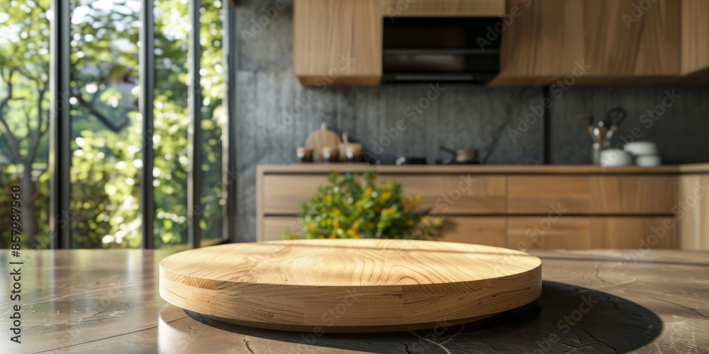 Obraz premium Round wooden podium against the background of the kitchen for displaying products and goods