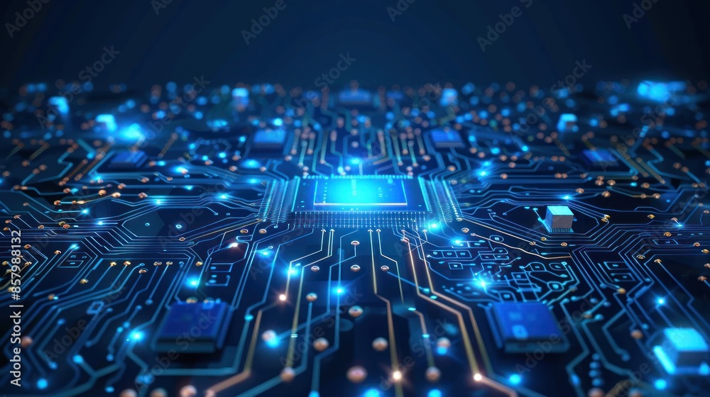 Circuit Board with Glowing Blue Lights