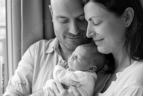 joy of parenthood couple holding their newborn baby for the first time,  miracle of new life black and white monochrome family photo portrait