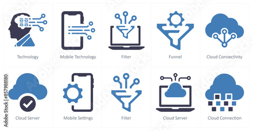 A set of 10 web marketing icons as technology, mobile technology, filter