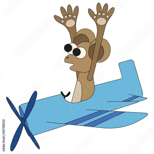 Cute design for children's t-shirt print isolated white. Funky Flat monkey in the plane. Template for airshow logo. Simple naive vector illustration. Editable stroke.
