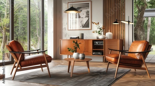 classic scandinavian midcentury modern living room with wood and leather chairs 3d rendering