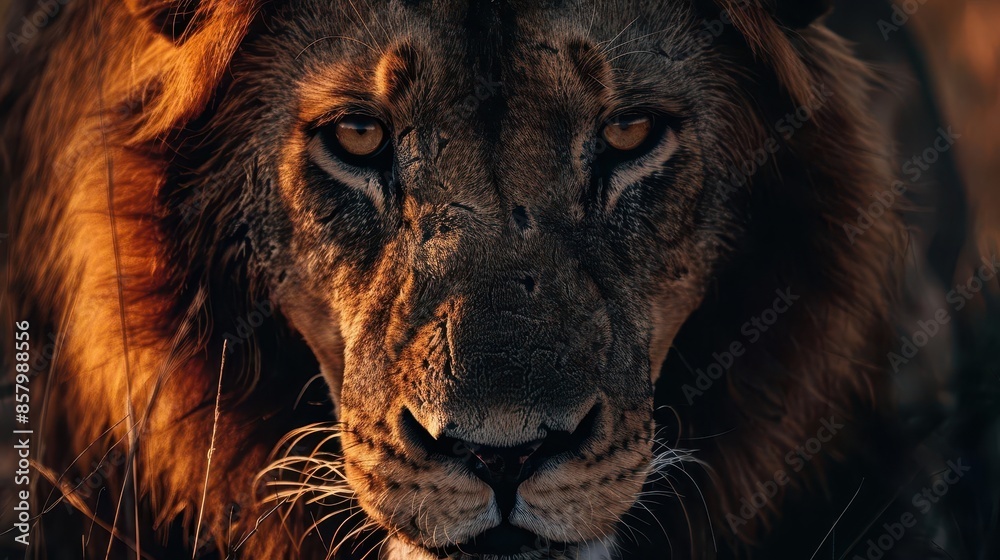 closeup of african male lion hunting in safari savanna wildlife photography closeup of african male lion hunting in safari savanna wildlife photography