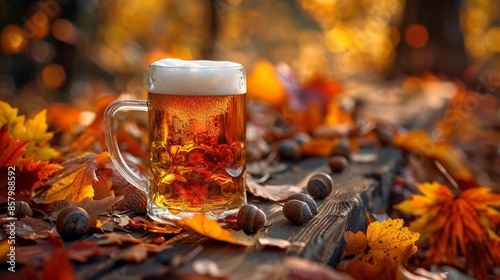 Autumn Beer Mug on a Rustic Wooden Table Surrounded by Fall Leaves