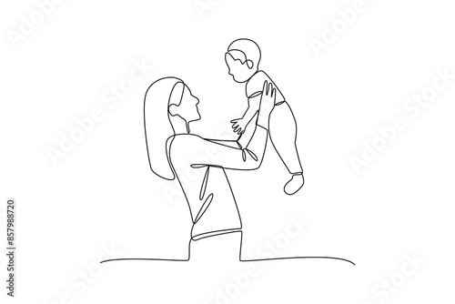 One continuous line drawing of young mother is caring for and playing with her child. Mother daily activity concept. Dynamic single line draw graphic design vector illustration
