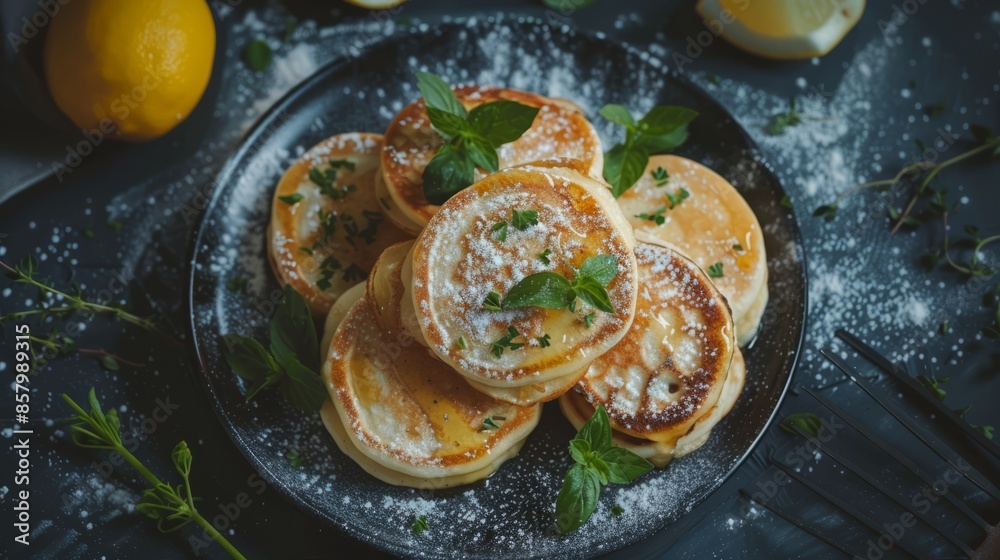 Photography of pancakes, appetizing and fresh, in a studio, studio lighting, Canon EOS R5, aerial view Photography of pancakes, appetizing and fresh, in a studio, studio lighting, Canon EOS R5, aerial view