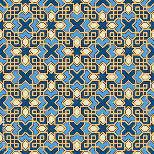 Colorful seamless arabic linear pattern. Versatile design for various creative projects, suitable for Islamic decorative arts, textiles, tiles, wallpapers, backdrops, etc.