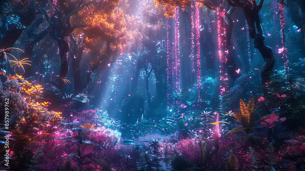 Surreal forest with fantastical elements and vibrant colors, creating a dreamlike atmosphere