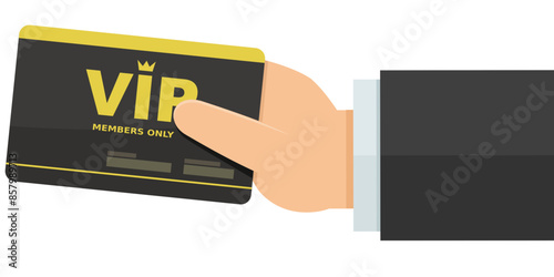 A hand presents a VIP card in flat design (cut out)