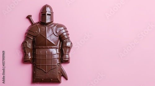 This image shows a  chocolate knight on a pink background. The knight is wearing a full suit of armor and is holding a sword. photo