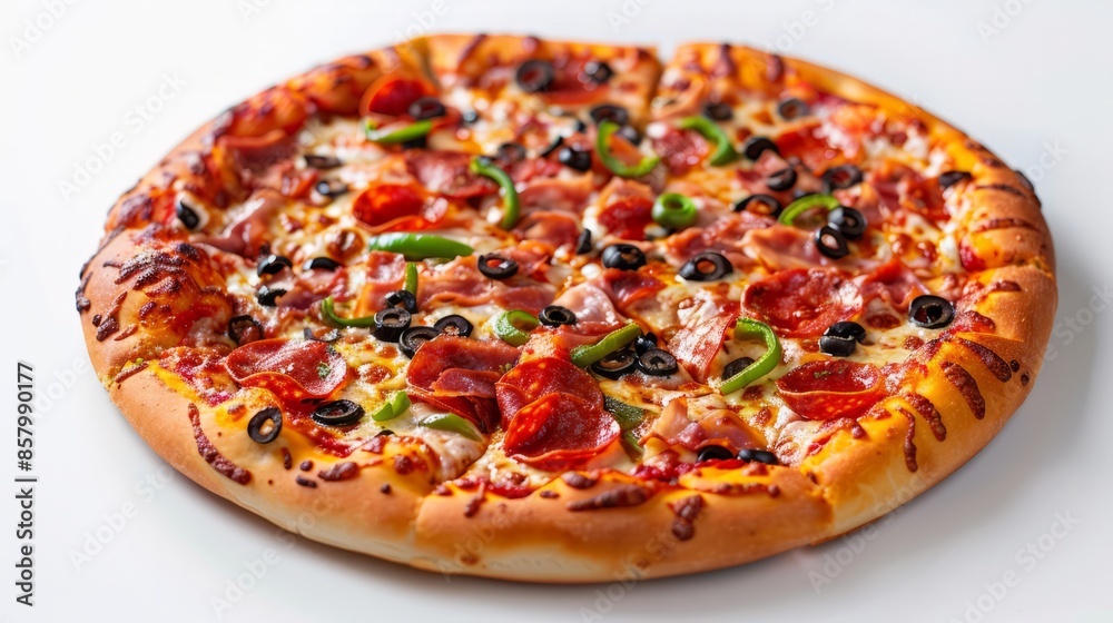 Photography of pizza, appetizing and fresh, in a studio, studio lighting, Canon EOS R5, aerial view