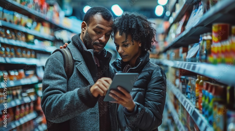 Couple Checking Grocery List on a Tablet in a Supermarket Couple Checking Grocery List on a Tablet in a Supermarket