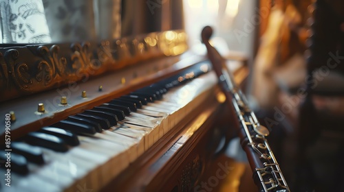 An elegant piano sits in a room, its keys glowing in the soft light. A clarinet rests against it, waiting to be played. photo