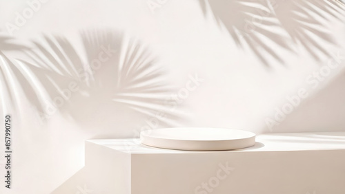 A round light podium for product presentation against the background of a beige wall with a beautiful shadow of palm leaves.