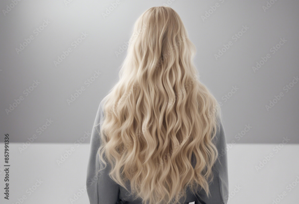 Naklejka premium long and wavy women's hair in blonde tones, back view, hair advertising shoot, isolated white background 